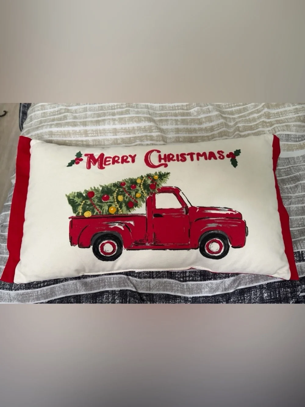 Embroidered Pillow Merry Christmas Old Red Pick-up Truck Decor 20
